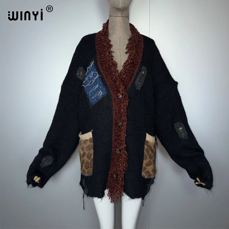 WINYI Make old holes and knit winter cardigan woman kimono party dress vintage abaya dubai luxur winter outfits for women coat