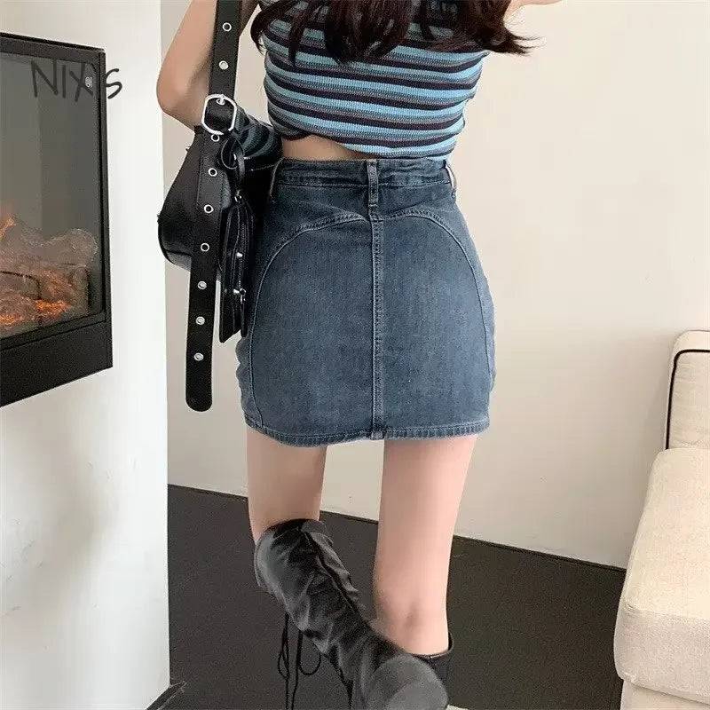 Women Denim Shorts Skirt Harajuku Vintage Elasticity Bandage High Waist Jeans Skirt Fashion Bottoms Streetwear Y2K Clothes