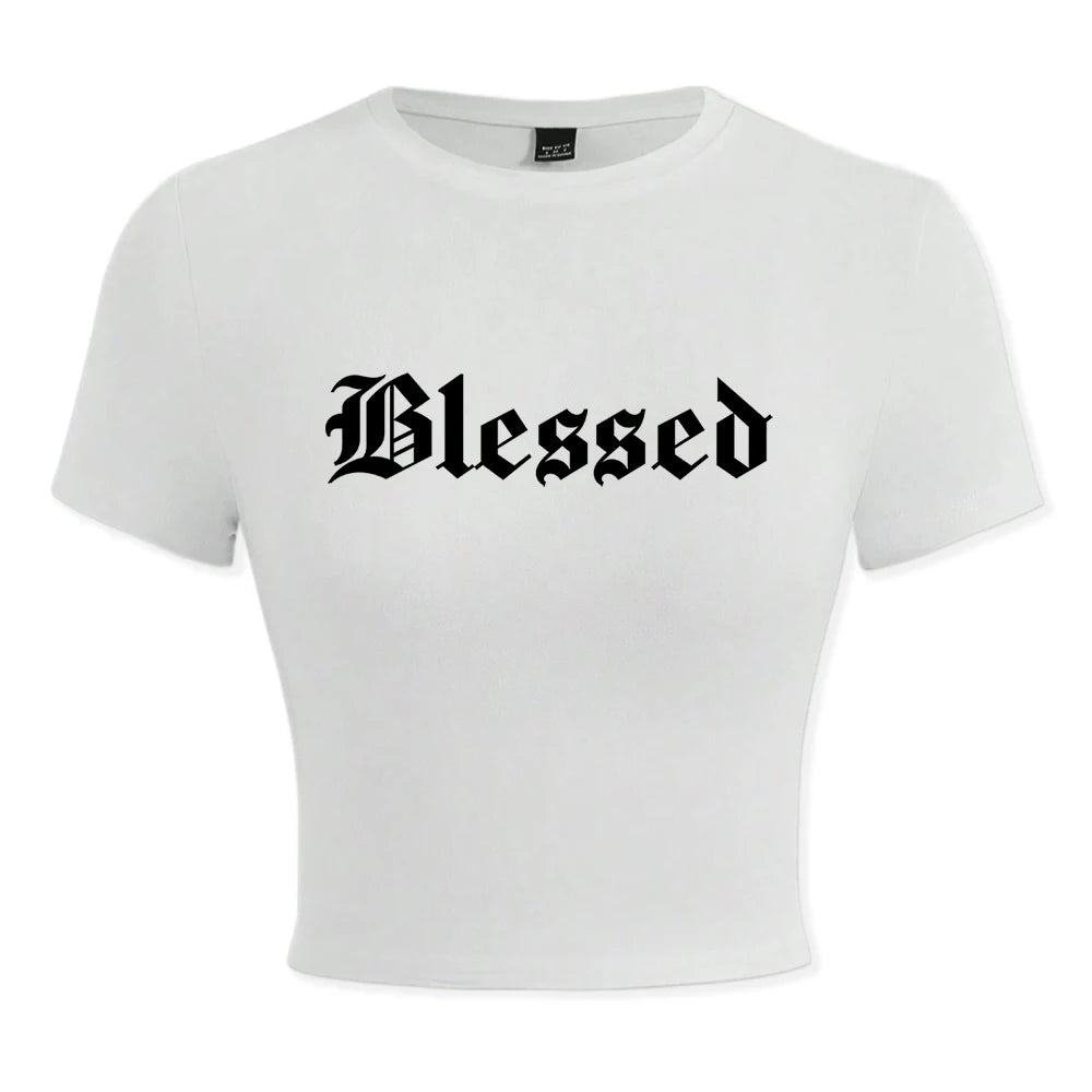 Blessed Creativity Letter T Shirt Women Street Casual Tees Soft Tight Fitting Short T-Shirt Elastic Comfortable Tee Clothes