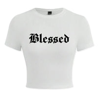 Blessed Creativity Letter T Shirt Women Street Casual Tees Soft Tight Fitting Short T-Shirt Elastic Comfortable Tee Clothes