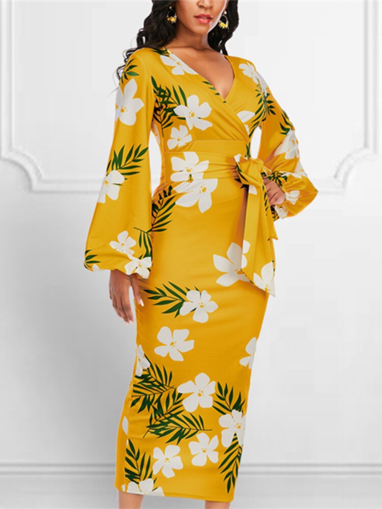 SEXY Yellow Printed Dress V Neck White Flower Long Lantern Sleeve