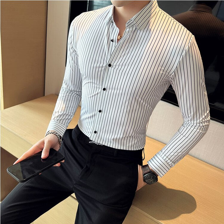 Plus Size 4XL-M High Elasticity Seamless Shirts Men Long Sleeve Slim Casual Luxury Shirt Social Formal Dress Shirts