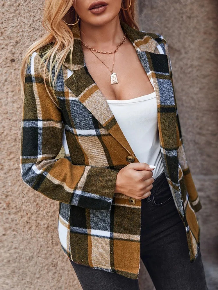 All-match Coat Women Korean Fashion 2023 Fall Plaid Print Button Front Long Sleeve Coat Design Jacket Casual Jacket