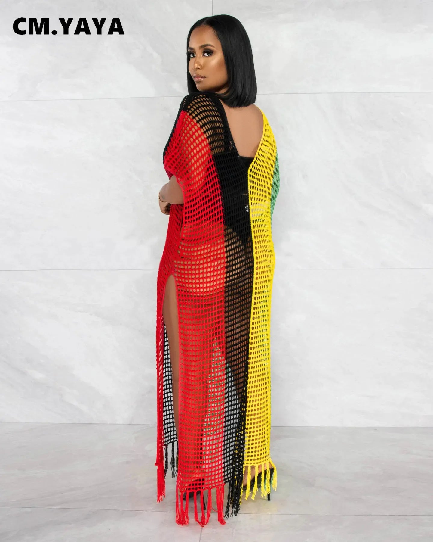 CM.YAYA Vintage Women Striped Crochet Knit Hollow Out V-neck Batwing Sleeve Maxi Long Slim Dress 2023 Sexy Party Evening Dresses