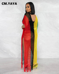 CM.YAYA Vintage Women Striped Crochet Knit Hollow Out V-neck Batwing Sleeve Maxi Long Slim Dress 2023 Sexy Party Evening Dresses