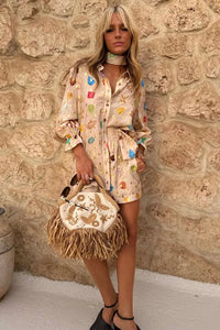 Fashion Printed 2 Piece Set Loose Lapel Long Sleeve Single Breasted Shirt Elastic Waist Shorts Set Women Casual Vacation Suit