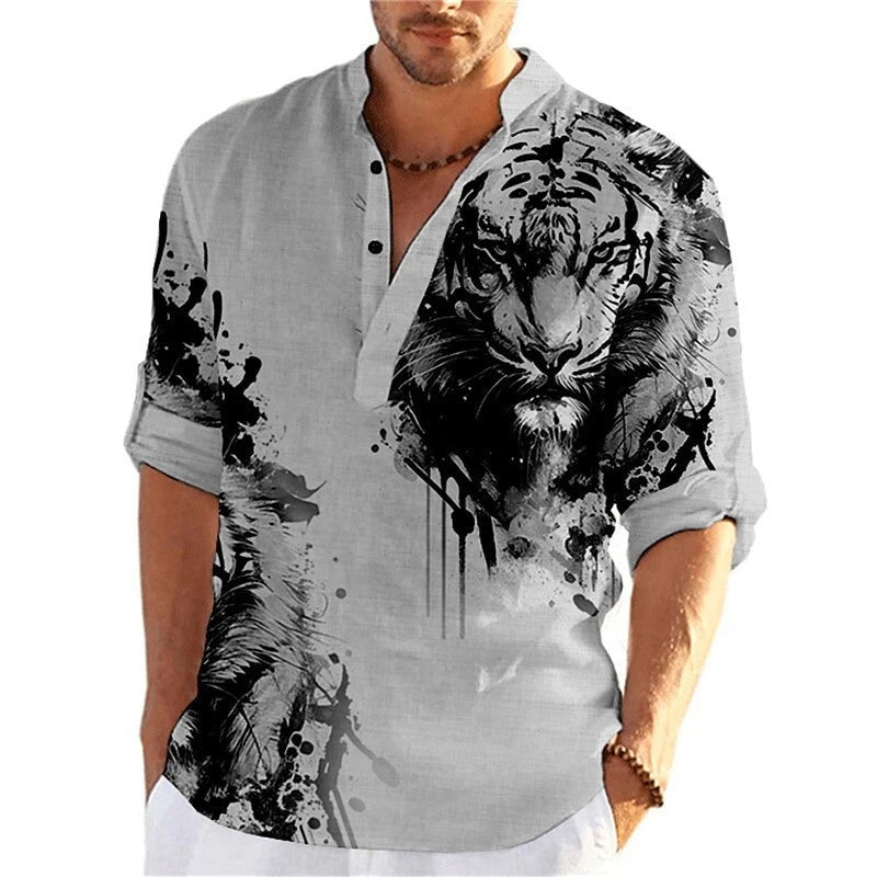 Men's 3D Button Shirt T-shirt Summer New Fashion Personalized Graffiti Standing Collar Casual Long sleeved Shirt Extra Large
