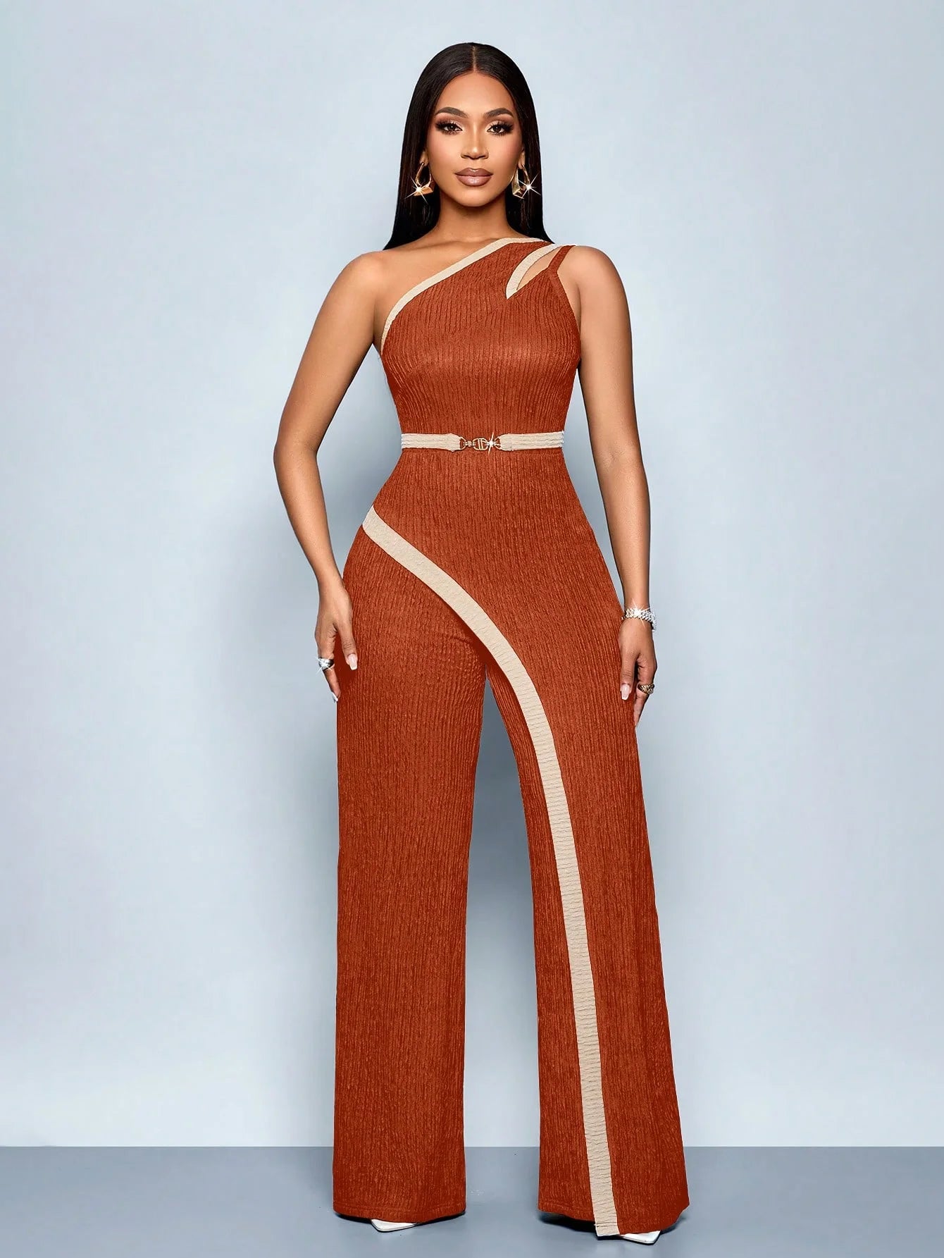 Women's Fashion Modern Party Asymmetric Neck Hollow Two-color Contrast Office Asymmetric Splicing Metal Decorated Sleeveless Str