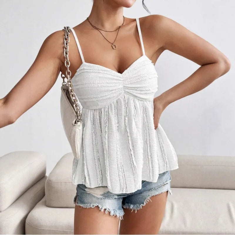 2026 Summer New Fashion Women's Top Spaghetti Strap Camisole Ruffled Hem Chest Folds Sweet Summer Blouse Y2k Clothing