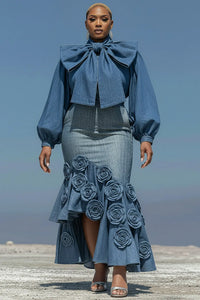 Plus Size Cocktail Party Blue Puff Sleeve Long Sleeve Bodycon Elegant Bow Tie Denim Two Piece Skirt Sets