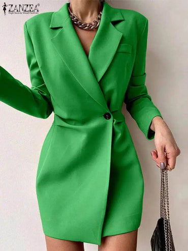 ZANZEA 2023 Autumn Formal Office Elegant Mini Dress Women Long Sleeve Blazer Dress Casual Suit Collar Robe Solid Button Vestidos