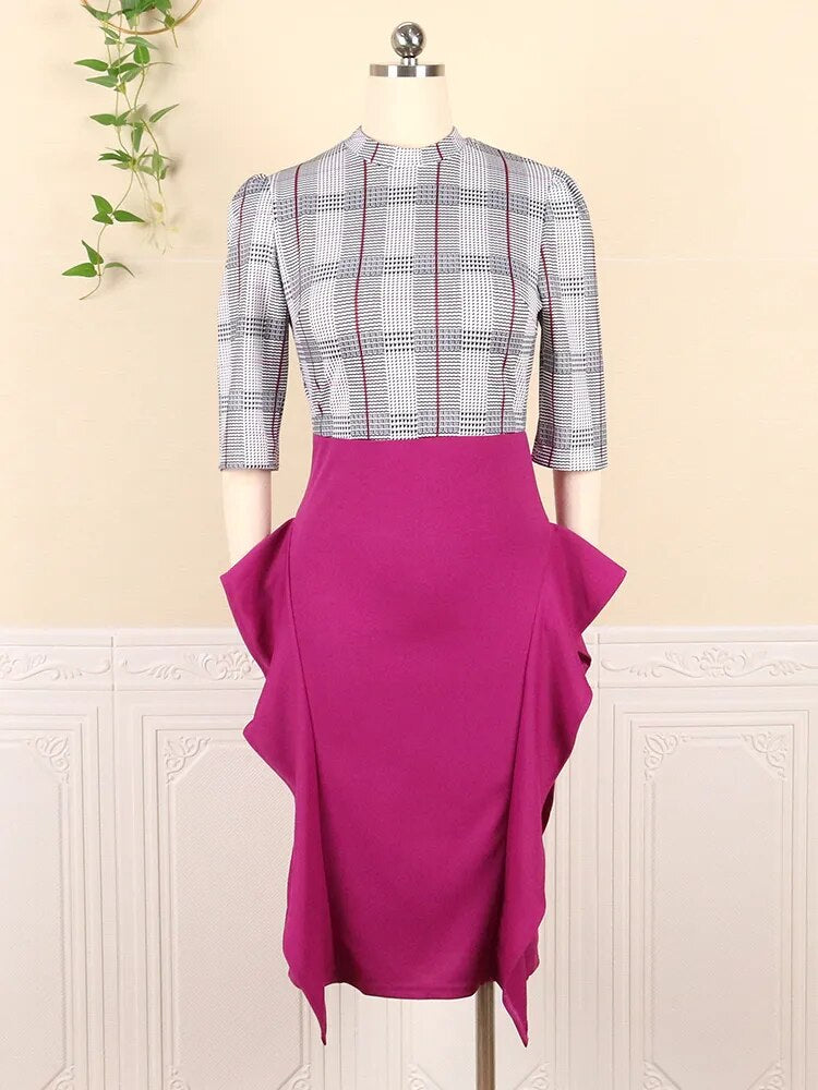 Women Dress Plaid Patchwork Ruffles Classy Female High Waist Elegant Office Lady Date Out Spring Summer Fashion Package Hip Slim