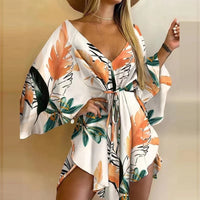 2023 New Summer Beach Elegant Dresses Women Sexy V Neck Lace-up Floral Print Mini Dress Casual Flared Sleeves Ladies Party Dress