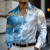 Men's blue and gold marble print long-sleeved shirt. Fashionable casual design, slim fit for banquets and business suits. XS-6XL