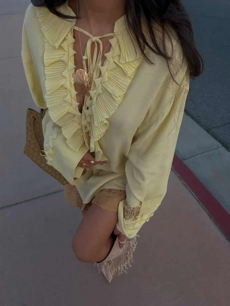 Women Solid Chiffon Ruffle Yellow Blouse Sheer V-neck Lace Up Full Flared Sleeve Shirts 2026 Summer Lady Fashion Loose Top New
