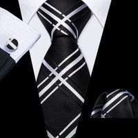 Barry.Wang Plaid Silk Men Tie Hanky Cufflinks Set Checked Jacquard Necktie for Male Formal Casual Wedding Business Party Events