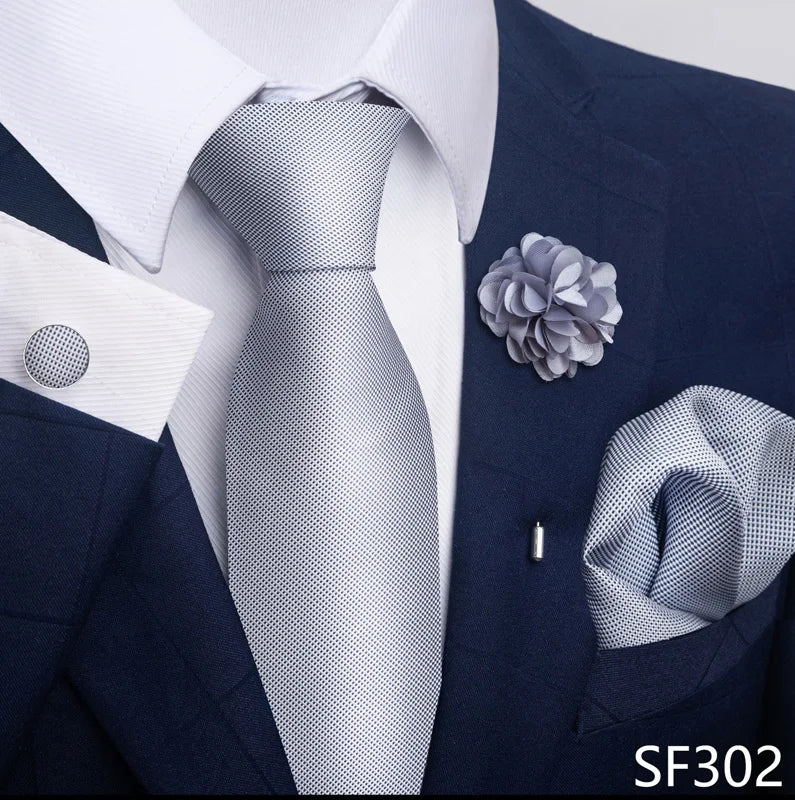 Hot Sale Luxury 8 cm Blue Floral Ties Pocket Square Cufflinks Brooch Set For Man Suit Accessories Holiday Gift Fit Formal Party