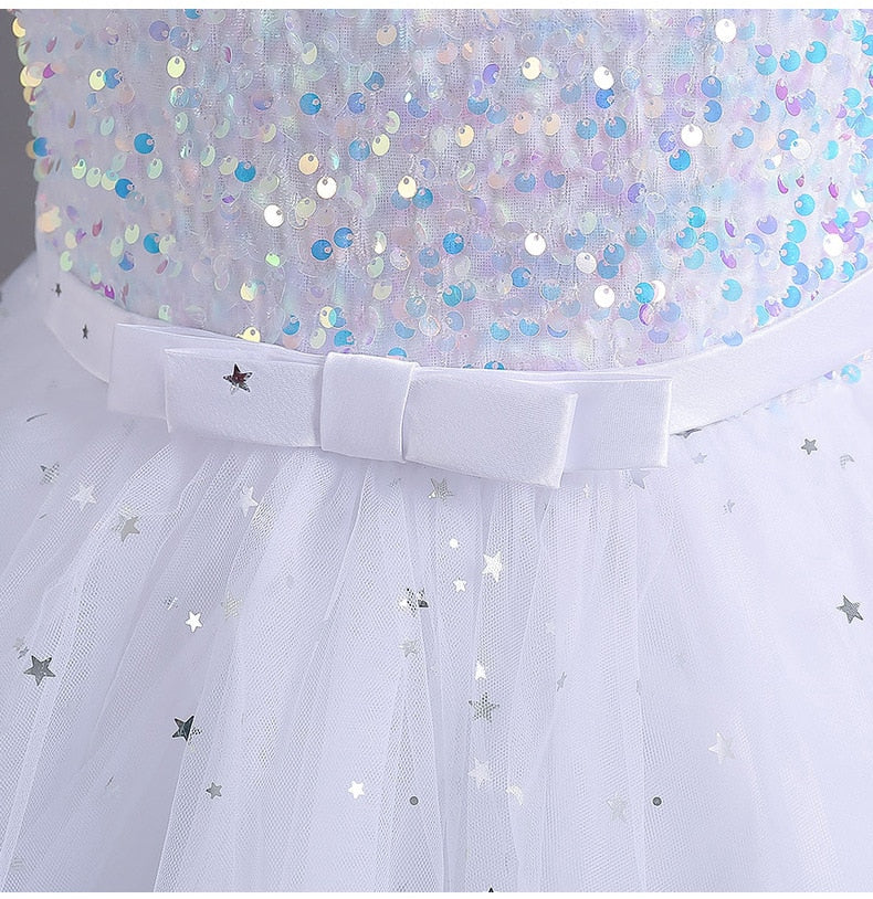 Glitter Sequin Hi-Lo Child Flower Girl Dresses Birthday Tulle Sleeveless Bow Starry Princess Kids Wedding Party Formal Gown