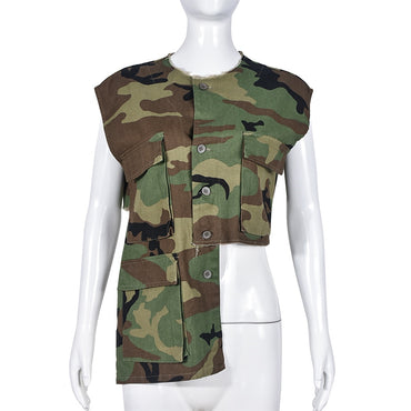 Soefdioo Fashion Multi Pocket Camo Cargo Vest Women Sexy Asymmetrical Sleeveless Single Breasted Jacket Crop Tops Streetwear