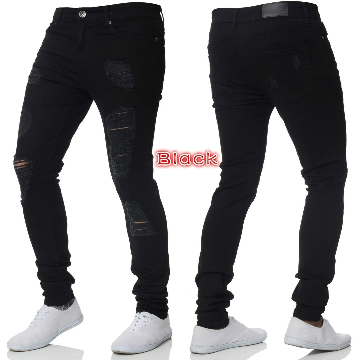 2023 Fashion Street Style Ripped Skinny Jeans Men Vintage wash Solid Denim Trouser Mens Casual Slim fit Black Blue denim Pants