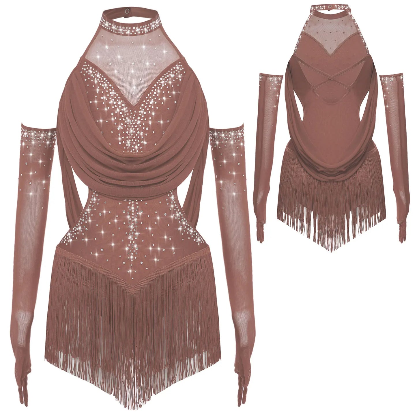 Girls Latin Jazz Rumba Samba Dance Costume Salsa Set Ruched Mesh Drapes Cutout Leotard with Tassel Skirts and 1 Pair Mesh Gloves