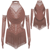 Girls Latin Jazz Rumba Samba Dance Costume Salsa Set Ruched Mesh Drapes Cutout Leotard with Tassel Skirts and 1 Pair Mesh Gloves