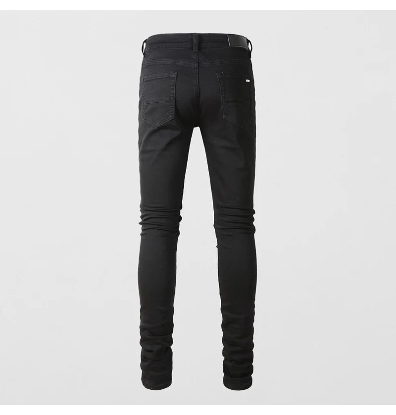 Fashionable new men's jeans, washed, nostalgic, elastic, slim fit, perforated, patchwork patch, black jeans, high street designe