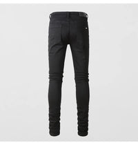 Fashionable new men's jeans, washed, nostalgic, elastic, slim fit, perforated, patchwork patch, black jeans, high street designe