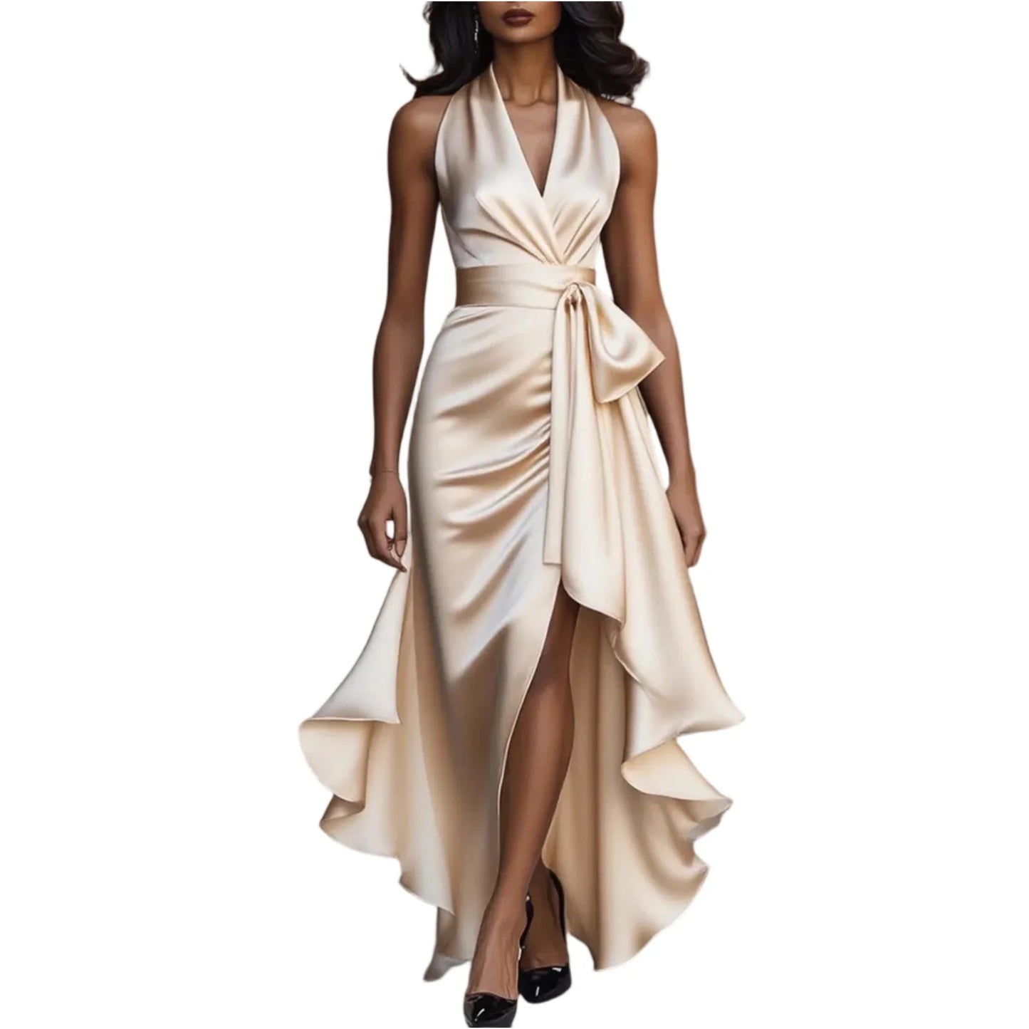 Women Fashion Solid Color V Neck Sleeveless Irregular Hem Midi Dress Party Cocktail Elegant Dress for Night Out