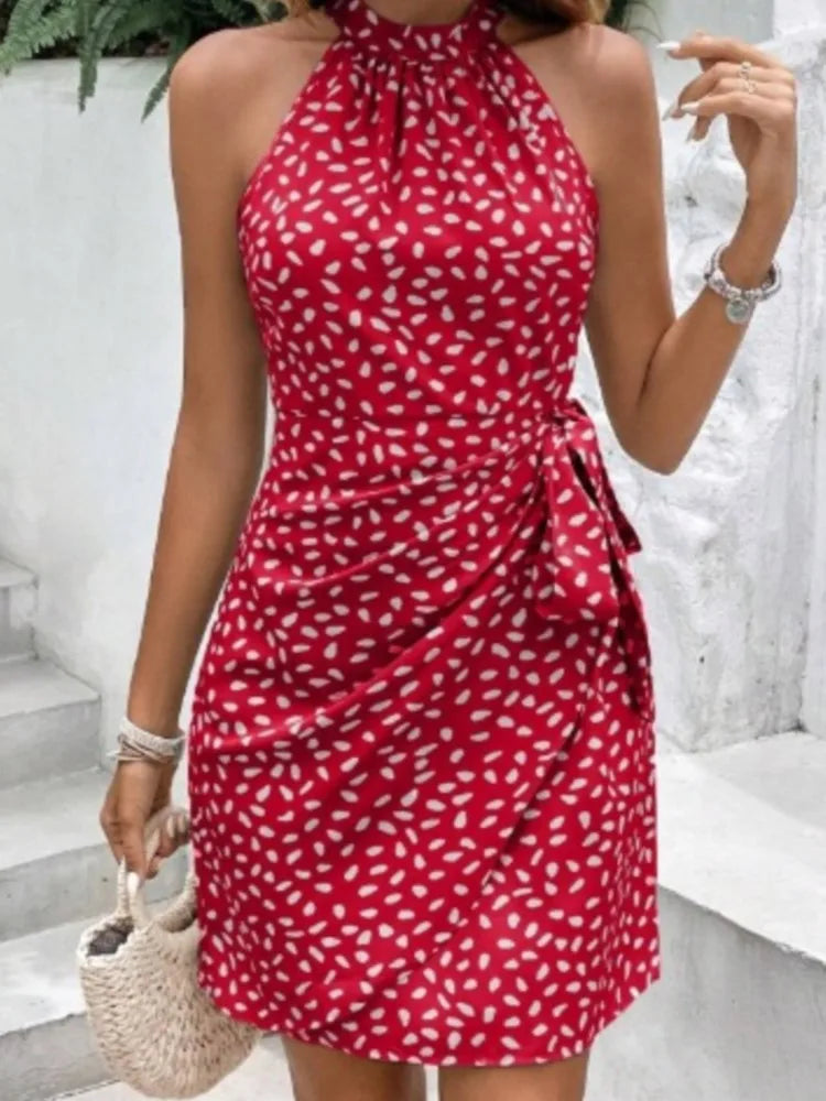 Women's Print Floral Dress Fashion Elegant Sexy Sleeveless Neck-mounted Mini Dresses Lady Summer Casual Beach Party Dress Femmes