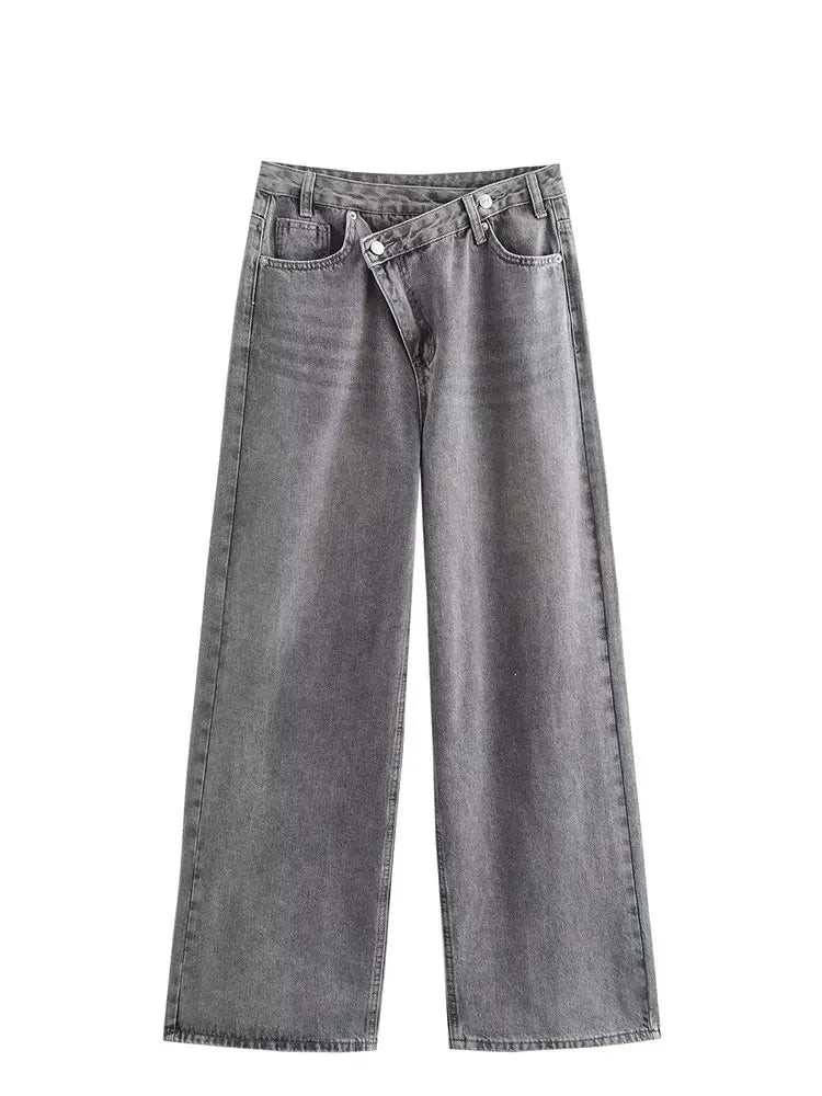 Women's Trousers Denim Solid Asymmetric High Waist Straight Long Pants Lady Versatile Basic 2025 New Woman Wide Leg Jeans