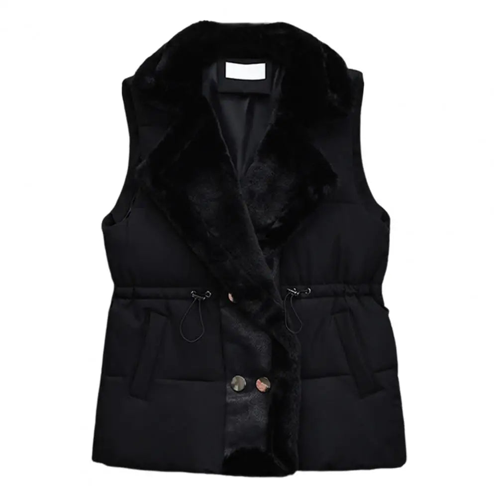 Winter Cotton Fur Integrated Down Vest Womens Puffer Vest Stand Collar Button Down Padded Jacket with Drawstring Waistcoat