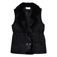 Winter Cotton Fur Integrated Down Vest Womens Puffer Vest Stand Collar Button Down Padded Jacket with Drawstring Waistcoat