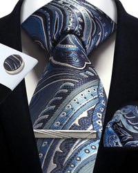 Mens Tie Set Silk Silver Paisley Floral Necktie and Pocket Square Cufflinks Tie Clip Classic Formal Ties for Men Wedding Party
