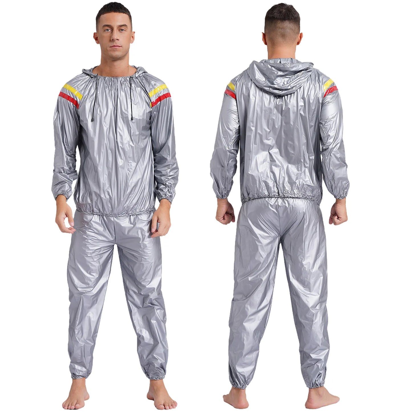 Mens Sauna Sweat Outfit Long Sleeve Hooded Jacket Outerwear and Elastic Waist Long Pants PVC Sweating Suit for Gym Workout
