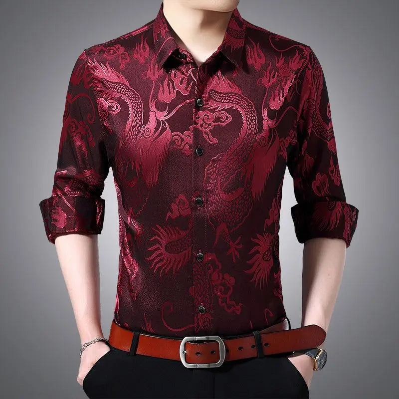 Streetwear Fashion Men Silk Smooth Shirt Spring Autumn New Male Clothes Business Casual Vintage Long Sleeve Basic Casual Tops