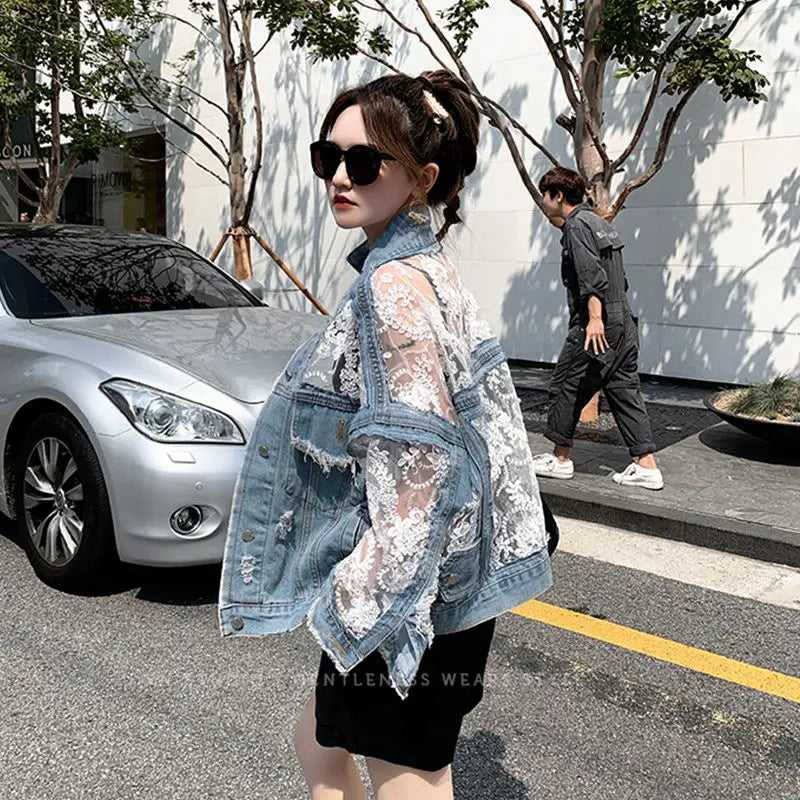 Mesh Embroidery Hole Denim Jacket 2025 Summer Lace Stitching Girlish Top
