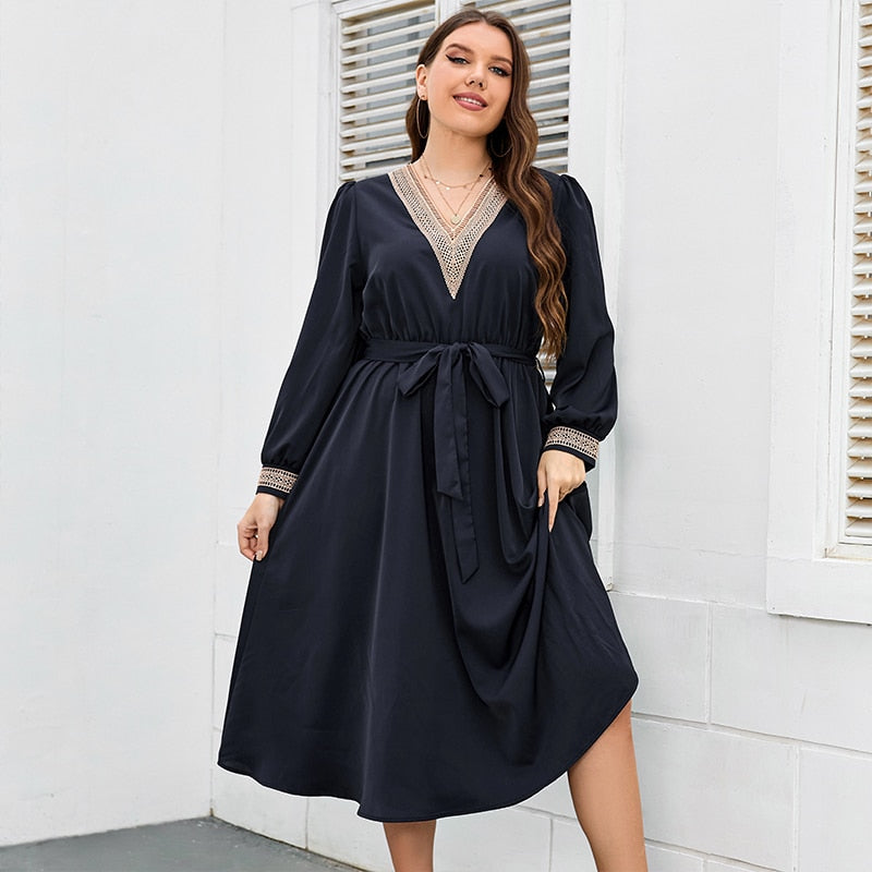 Della Mel Plus Size Women Clothing Long Sleeve Dress Urban Office V Neck Elegant Female Evening A-line Casual Party Long Dresses