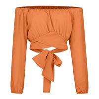 Women Sexy Off Shoulder Blouse Chic and Elegant Printing Lantern Long Sleeve Lace Up Bow Cropped Tops Casual Slim Shirts 2024