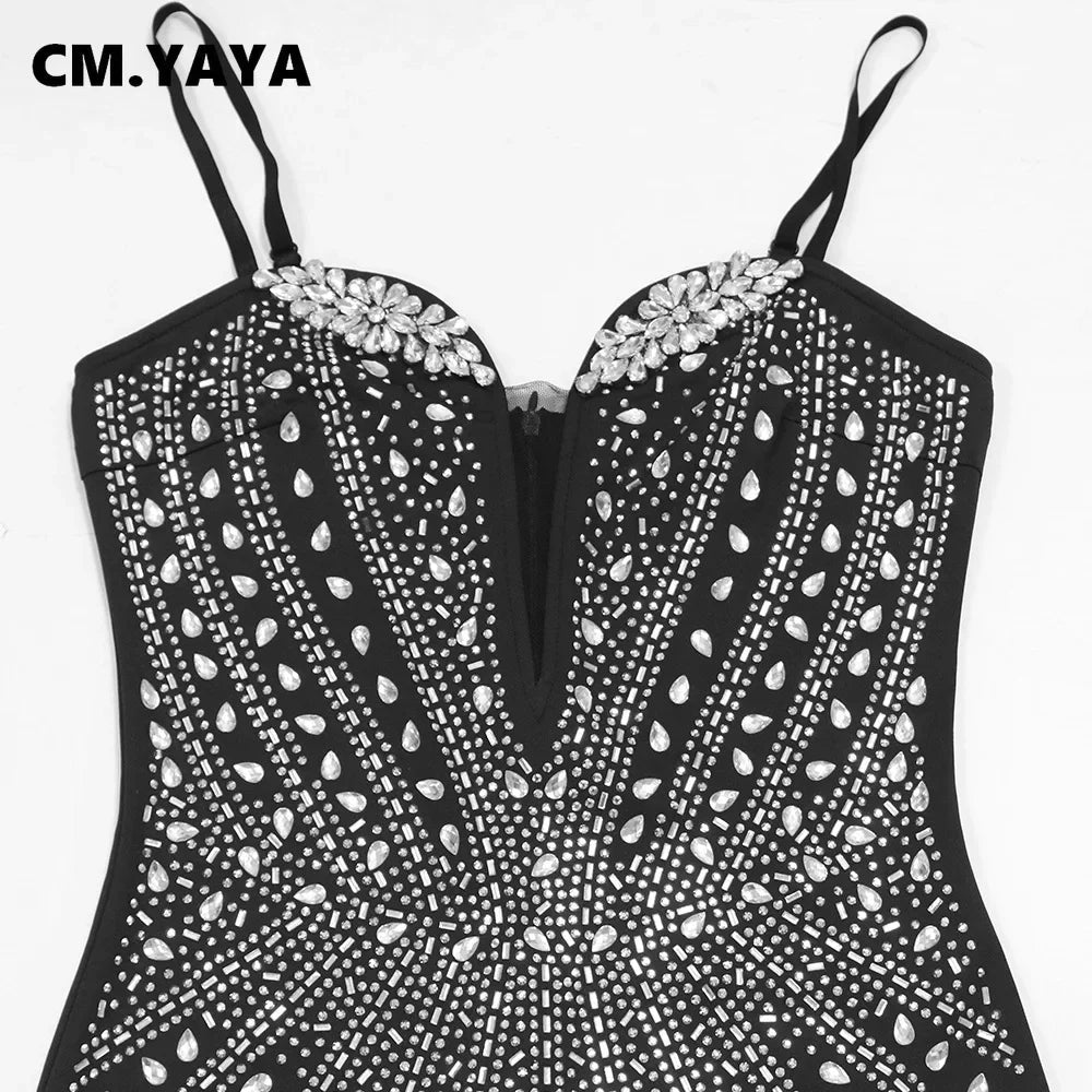 CM.YAYA Women Sleeveless Diamonds Hot Rhinestones Tassel Mini Dress Strapless Sexy Evening Night Club Party Dresses Vestidos