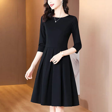 Elegant O-Neck Solid Color Spliced Loose Folds Mini Dress Women's Clothing 2023 Autumn New Oversized Office Lady Princess Dress