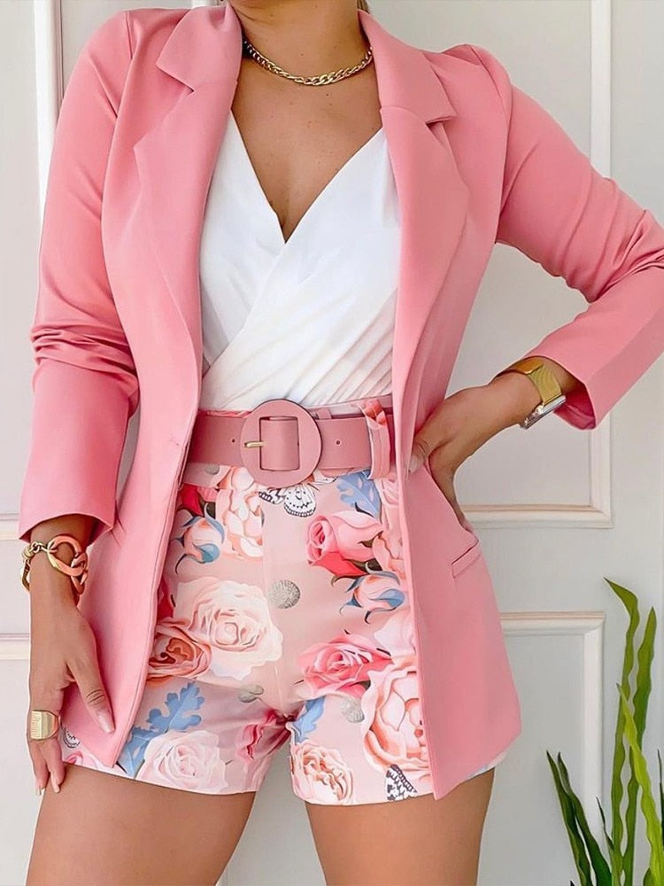 Sexy 2023 Spring Summer New Fashion Casual Print Suit Small Women's Dress Two Piece Sets Blazer Shorts