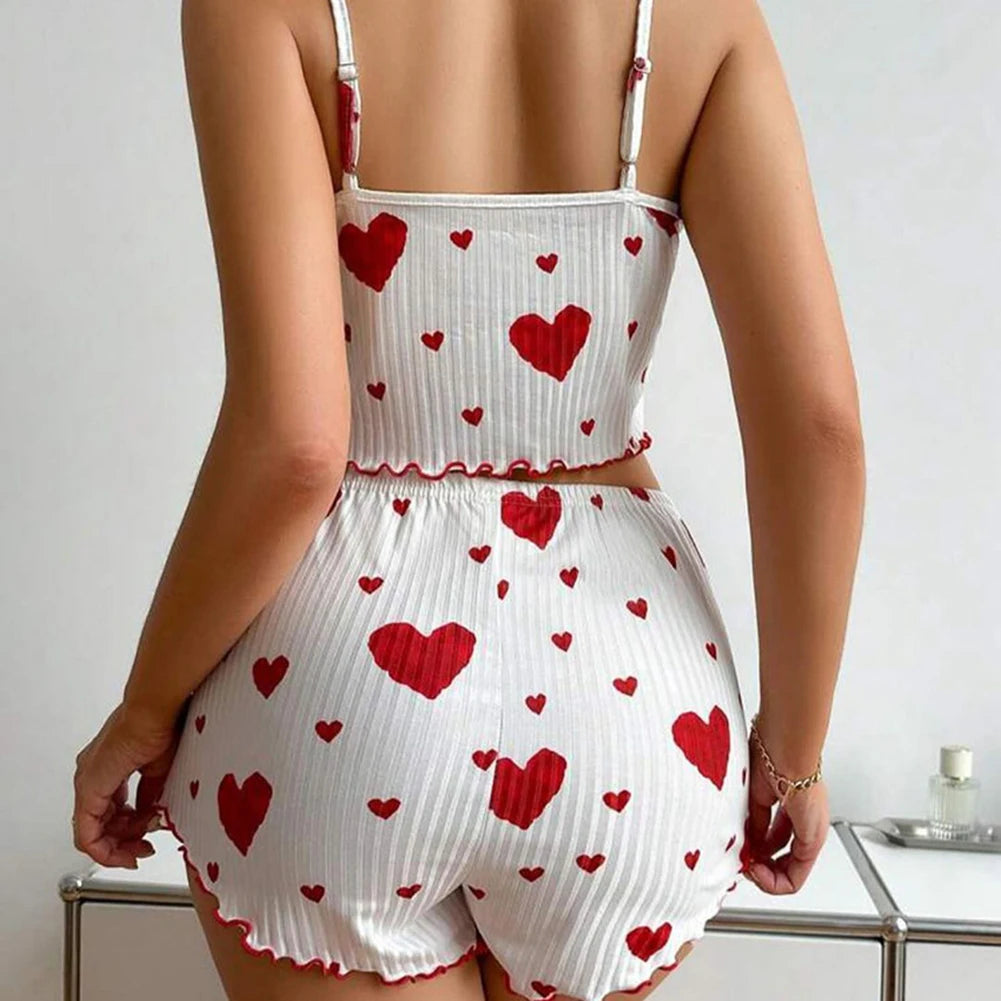 Women's Pajamas Set Summer 2PCS Sling Vest with Shorts 2026 Newly Love Heart Print Spaghetti Strap Camisole Sleepwear for Girls