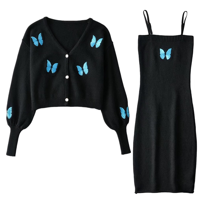 Sexy Butterfly Cardigan Korea style Long sleeve Sweater Slash Collar hips Dress 1 Set