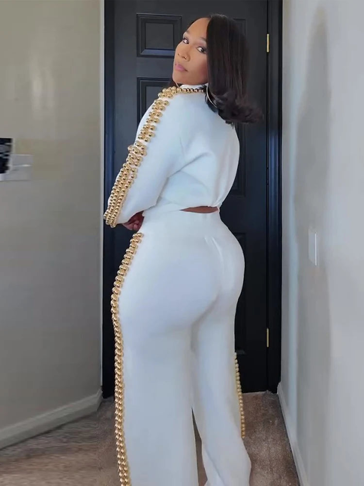 Women's Pants Set Round-Neck Tops Pearl-Trim Wide-Leg Fashion Oversized Elegant 2-Piece Outfit Spring New Fashion Woman Clothes