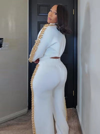 Women's Pants Set Round-Neck Tops Pearl-Trim Wide-Leg Fashion Oversized Elegant 2-Piece Outfit Spring New Fashion Woman Clothes