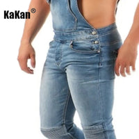 Kakan - New European and American Men's Suspender Jeans, Blue Black Torn Color Matching Jumpsuit Long Jeans K34-992