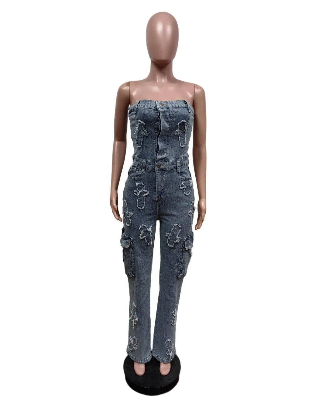 Streetwear Jeans Cargo Jumpsuit Sexy Women Strapless Elegant Wide Leg Denim Straight Romper Overalls