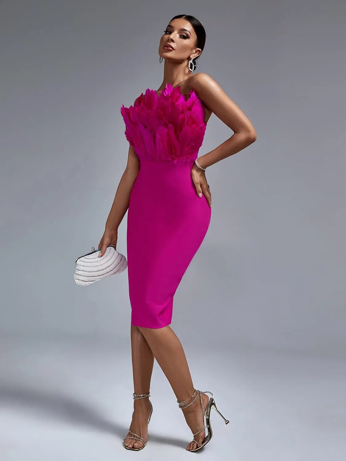 Pink Bandage Dress Women Feather Party Dress Bodycon Elegant Midi Sexy Strapless Evening Birthday Club Outfits Summer 2023