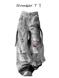 Women Jeans Pants American High Street Ripped Straight Wide-Leg Jeans For Women Design Tie-Dye Jazz Dance Cargo Full Thin Jeans